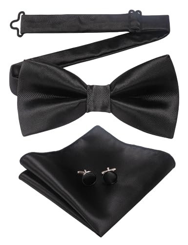 JEMYGINS Mens Solid Color Pre-tied Bow Tie and Pocket Square Cufflink Set, Black, general