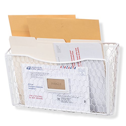 Wall35 Felic Hanging File Organizer, Folder and Mail Holder for Wall, Metal Chicken Wire Basket with Tag Slot, White Office Decor