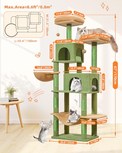 Image of Taoqimiao Cactus Cat Tree, 67 in Tall Cat Tower with 2 Plush Cat Condos