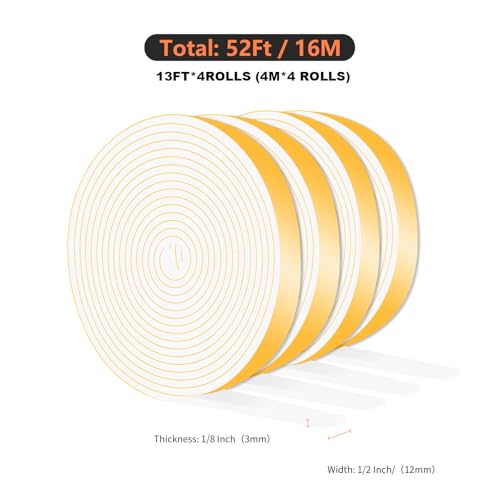 Image of Weather Stripping Tape for Door,High Density CR,1 /2 in x 1 /8 in x 52 Ft | Weather Stripping Door Seal,Soundproof,Cold Insulation,Foam Insulation Tape for Door, Front Door Frame, Windows,White