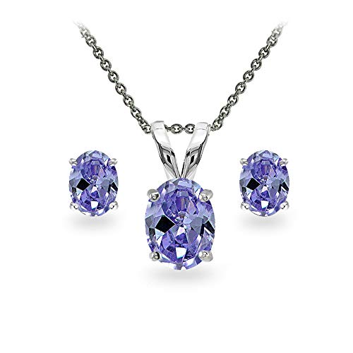 B. BRILLIANT Tanzanite Necklace and Earring Set Sterling Silver Oval-cut Solitaire Simulated Gemstone Oval-cut Solitaire Pendant & Stud Earrings Jewelry Set for Women