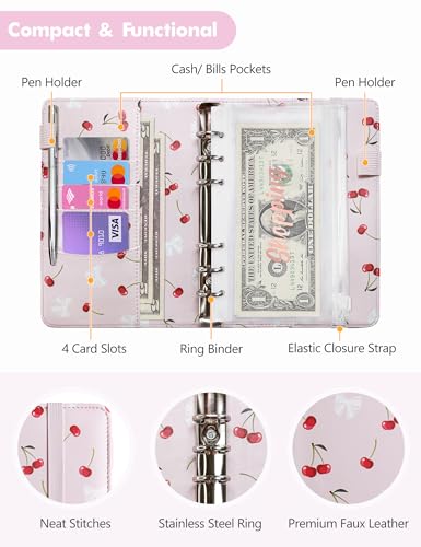 Image of A6 Budget Binder for Money Saving, PU Leather Budget Planner with 8 Cash Envelopes, Budget Sheets & Rose Gold Category Stickers, Money Organizer for Cash (Pink Cherry)