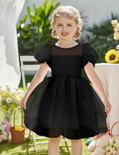 Arshiner Toddler Girls Dress Contrast Mesh Puff Short Sleeve Flowy Bubble Hem Organza Casual Party Dresses Size 2-62
