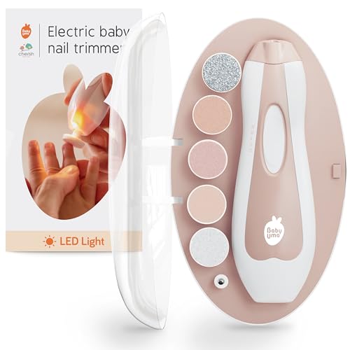 Baby Uma LED Baby Nail Trimmer Electric - Auto-Safety Stop Baby Nail Clippers, Bi-Directional Electric Baby Nail File with 2 Speeds & 6 Filing Discs, Newborn Essentials (+ Travel Case)