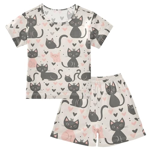 ALAZA Cat Kitten Love Heart Pajamas Short Sleeve 2 Piece Sleepwear Top and Bottom Pajama Set Unisex