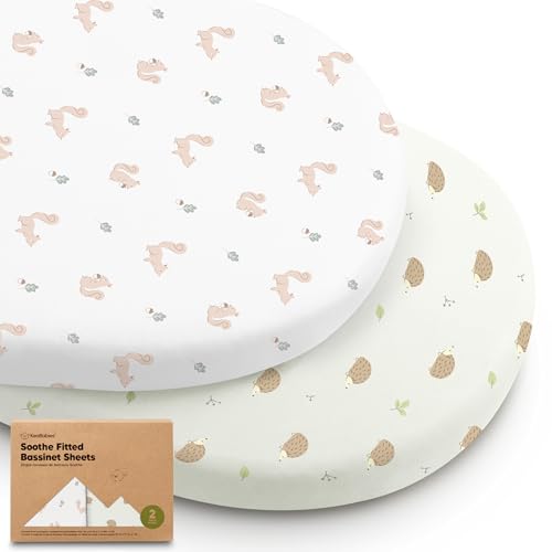 Image of 2-Pack Organic Bassinet Sheets for Girls, Boys - 100% Cotton Bassinet Mattress Sheets Compatible with Halo Bassinest Swivel Sleeper, Graco, Baby Delight, Chicco, Fitted Bassinet Sheets (Nibble/Bruce)