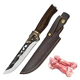 HIROSHI 骨スキ料理包丁 筋引きナイフ 真鍮の龍頭造り 鍛造加工 黒打ち 錆びにくい 天然ウェンジウッド柄 革鞘付き アウトドアナイフ キャンプ包丁 釣り 狩猟解体
