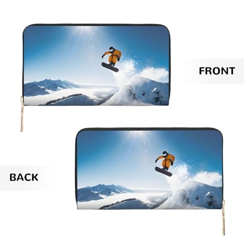 Leather Wallet for Women Ladies Novelty Printed Around Zipper Long Wallet Phone Purse Credit Card Holder, Snowboarding3