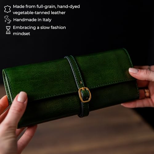 Image of Time Resistance Leather Jewelry Roll - Full Grain Leather Travel Jewelry Case - Jewellery Organizer Made in Italy (Green)