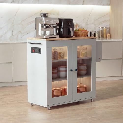 Image of Rocco Walky Kitchen Island Storage Cabinet with Wheels, Solid Rubber Wood Top, Fluted Acrylic Doors, Built-in Power Sockets & LED Lights, Soft-Close Hinges & Side Organizer (Grey, Medium Size)