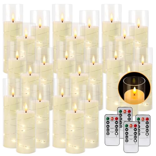 Image of 24 Pack Acrylic Flameless Candles,with Embedded Star String, Battery Operated Candles Flickering LED Pillar Candles with Remote Control and Timer, Ideal for Indoor /Outdoor Decor,Wedding,BBQ and Gift.