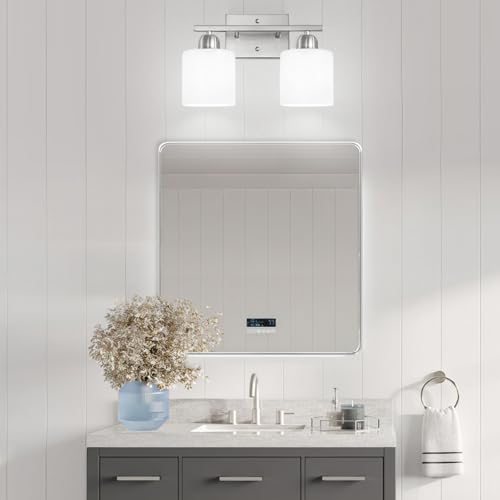 Image of Brushed Nickel Bathroom Light, Anti-Rust Finish 2 Light Bathroom Vanity Light Brushed Nickel, Milky White Frosted Glass Shades, E26 Socket