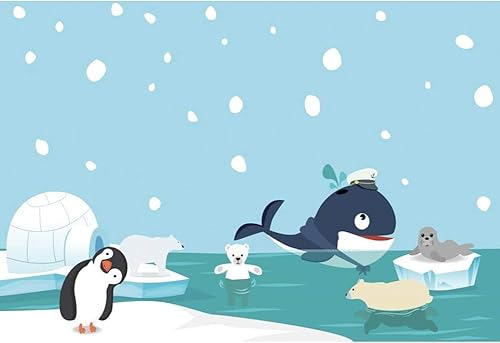 Miniatura 4 de Renaiss Fondo de pingüino de dibujos animados de invierno de 6 x 4 pies para fotografía, lindo animal, oso, cueva de hielo, copo de nieve, fondo de
