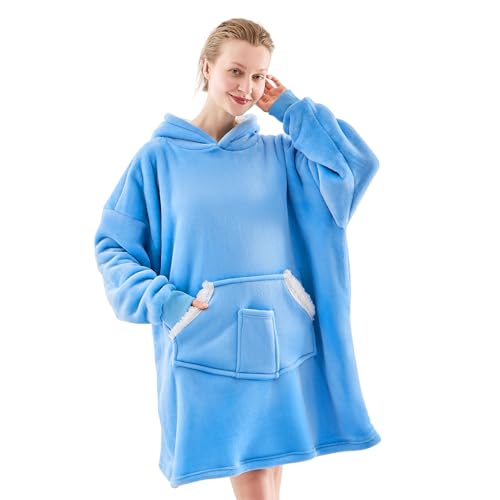 NORD ECO Wearable Blanket Hoodie, Oversized Sherpa Fleece Sweatshirt Blanket with Giant Pockets & Sleeves for Adult, Cozy Hooded Blanket, Winter Gift for Women, Blue