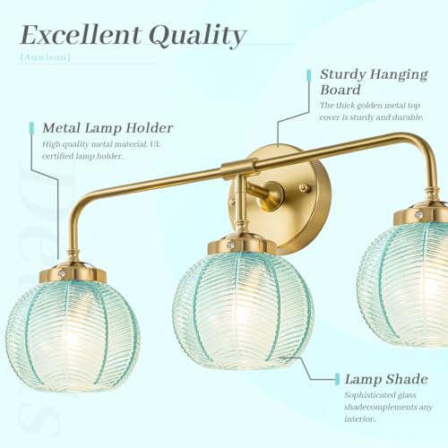 Image of Modern Gold Bathroom Wall Lights with Blue Glass Globe, 3-Light | Mid Century, Vintage, Wall Sconce, Bathroom Vanity Lights, E26, Easy Install, Blue Globe Shade, Bedside, Bedroom, Doorway
