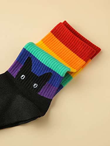 OYOANGLE Women's 1 Pair Striped Rainbow Cat Print Crew Socks Ribbed Knit Socks3