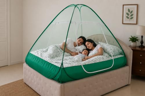 Image of Healthy Sleeping Mosquito Net | Double Bed | Supreme King Size Bed | Foldable Machardani with 2 Side Zipper Opening | Strong 30GSM Polyester Net | PVC Coated Steel Wire (Green)