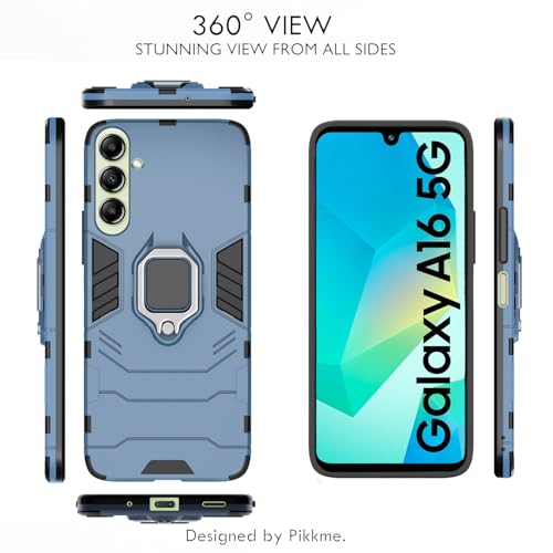 Image of Pikkme Back Cover for Samsung Galaxy A16 5G | 360 Protection Case | Ring Holder Stand D5 Tough Armor Bumper Case (Blue)