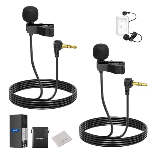 NEEWER LM5 Mini Lavalier Microphone (2 Pack), 6.6ft/2m Clip On Wired 3.5mm TRS Condenser Lapel Lav Mic with Cleaning Cloth Compatible with DJI Mic Rode Wireless Go II NEEWER CM28 CM31 Camera