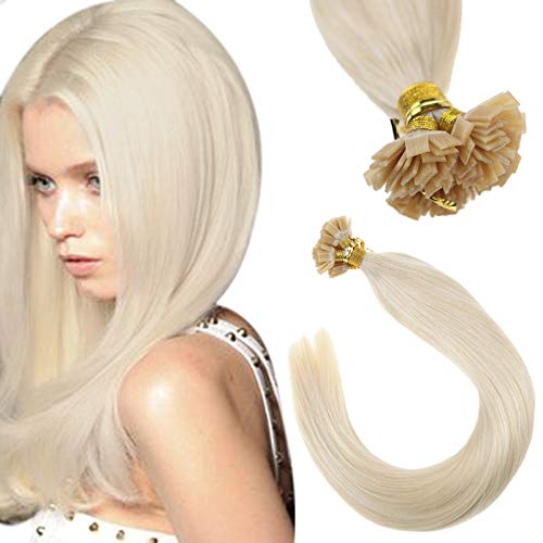 VeSunny 20" Remy Keratin Tip Hair Extensions Blonde Human Hair 1G/S #60 Platinum Blonde Pre Bonded Flat Tip Human Hair Extensions 50 Strands