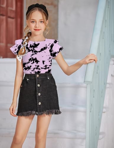 Image of Girls T Shirts Ruffle Short Sleeve Round Neck Loose Blouse Summer Solid Color Casual Girl Tee Tops for 3-12 Years