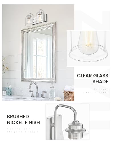 Image of zeyu 12.5 Inch Modern Bathroom Vanity Light Fixtures, 2-Light Wall Mirror Light for Bathroom, Brushed Nickel Wall Sconces with Clear Glass Shade, ZSL72B-2W BN