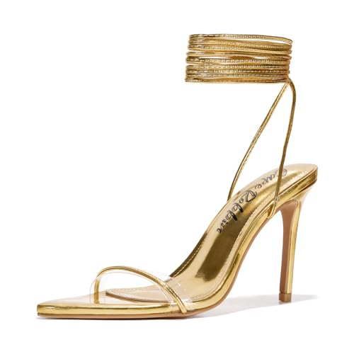 Image of Cape Robbin Women's Lace Up Stiletto Heel Sandals - Pointed Open Toe Clear Strap Ankle Wrap Tie Up High Heels (Moroni)
