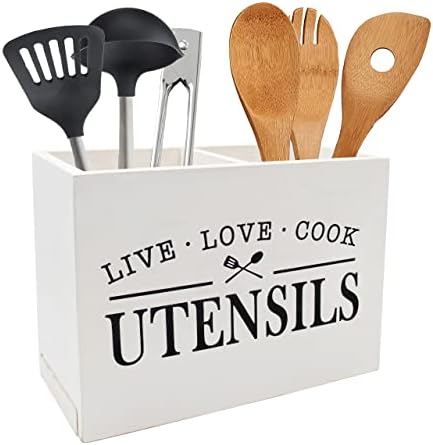 Karisky Kitchen Utensil Holder with Removable Bottom Large 2 Compartments Utensil Organizer Farmhouse Utensil Caddy for Countertop Decor, 24 x 12 x 17 cm, Black