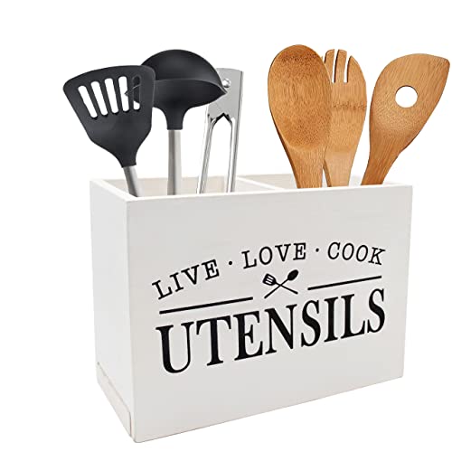 Karisky Kitchen Utensil Holder for Countertop, Farmhouse Solid Wood Utensil Caddy with Removable Bottom, Large 2 Compartments Cooking Utensil Silverware Organizer for Kitchen Counter, White