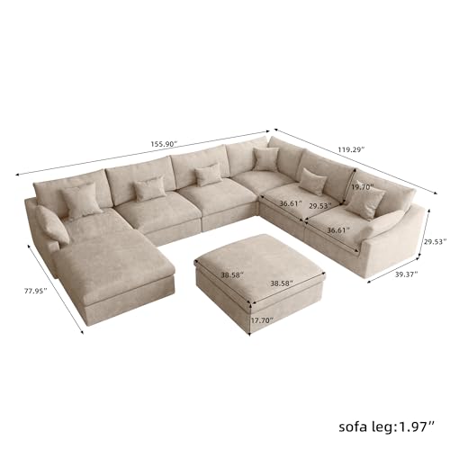 Image of Modular Sectional Sofa Cloud Couch, Oversized 8 Seater Sofa with Ottomans, Extra Large U Shaped Deep Seat Sectional Couches for Living Room, Khaki Sofa Covers Washable&Removable