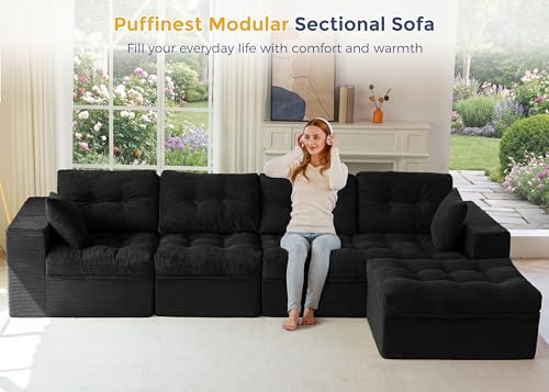 Image of MAXYOYO 132 inch L Shaped Modular Sectional Sofa with Ottoman, Cloud Boneless Couch with Layered Cushion, Upholstered Sofa in a Box, Flexible Module Combination for Living Room, No Assembly, Black