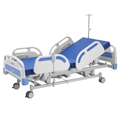 VEVOR Cama de Hospital Eléctrica de 5 Funciones con Trendelenburg y Ruedas con Bloqueo, Cama Médica con Colchón de Alta Densidad para Hospitalización Doméstica, Carga de 250 kg, 213 x 106 x 45-75 cm