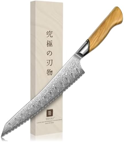 TIVOLI Bread Knife – Damascus VG-10 Serrated Knife with Razor Sha...