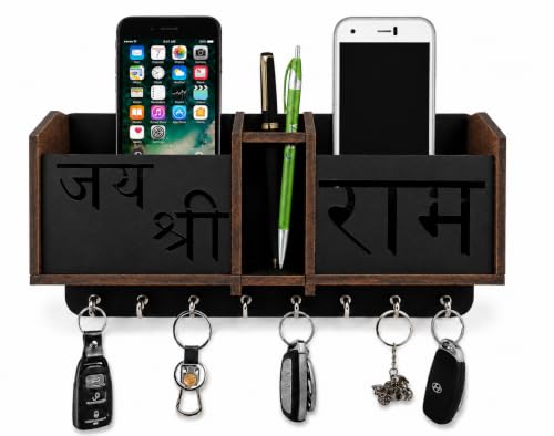 Image of Jai Shree Ram Key Holder Wooden Key Holder Stand for Home Wall, Office, Hall, Living Room, Bedroom Stylish Designer, Home Decor Two Pocket Mobile Charger and Pan Stand 8 Hooks MDF Brown