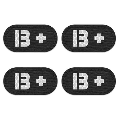 PETAC GEAR 4 Pack Glow Dark Blood Type B Positive POS Reflective Patches, Emblem Tactical Military Badges with Hook Loop Fastener Backing?BK?