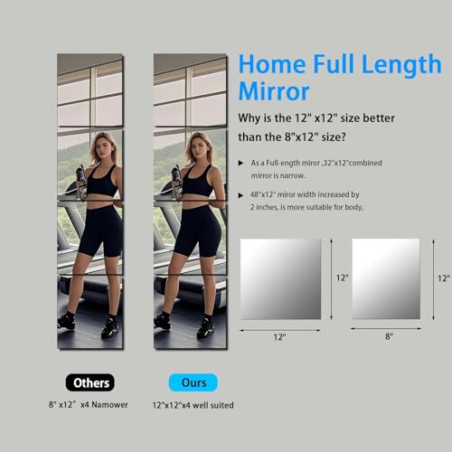 Image of SUNQUEEN 12 inch x 12 inch Glass Mirror Square Tiles for Wall A- Frameless Full Length Mirror Wall Mounted, Full Body Mirrors for Bedroom Home Gym Door & Bathroom (4-Pack), Transparent