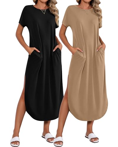 Image of Riyiper 2 Pieces Women's Short Sleeve Maxi Dress Round Neck Casual Loose Split Long Summer Beach Shirt Dress with Pockets (Black, Khaki,Small)