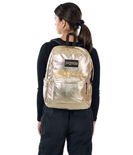 Image of JanSport Superbreak Plus FX Backpack - Work, Travel, or Laptop Bag with Water Bottle Pocket - Surreal Shine Gold