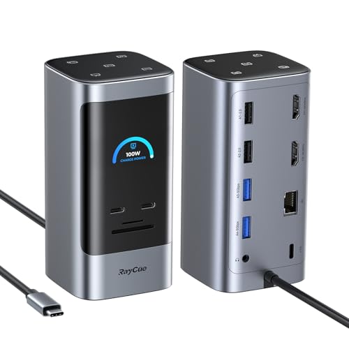 Image of RayCue 14 in 1 Docking Station Dual Monitor, 2 * 4K HDMI, 6 USB Ports, 5 Shortcut Button, 1Gbps Ethernet, PD3.0(No Power Adapter), Laptop Docking Station for Dell /HP /Lenovo /Asus /Acer /Mac