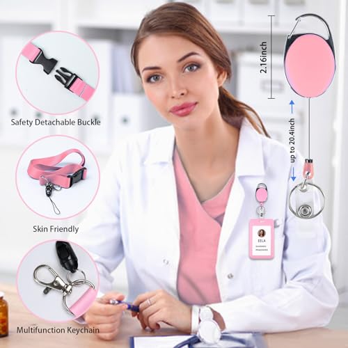 Image of Pink ID Badge Holder with Lanyard, Retractable Badge Holders Reels and Lanyards Release Buckle, for Women Kids Office Nurses Teacher Doctor Student