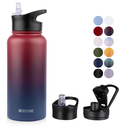 MURBONE Botella Agua Acero Inoxidable 1L(+2 Tapas) - sin Fugas, sin BPA,Termo doble Pared Aislante Reutilizable,Para Carbonatadas,Deportes,Gimnasio,Acampada,Viajes