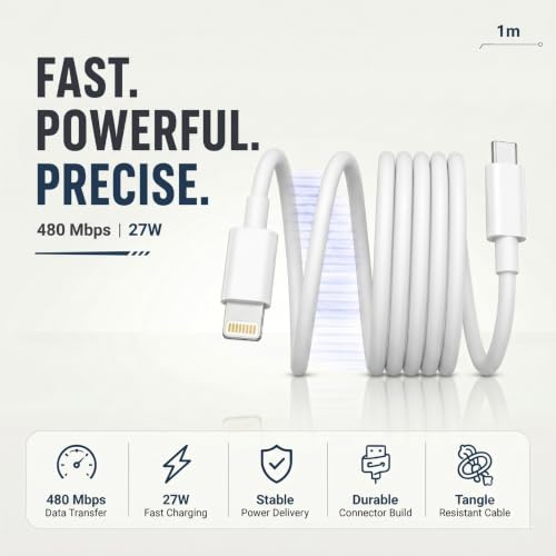 Image of USB Type C to Lightening Cable, MFi Certified, 27W Fast Charging & 480Mbps Data Sync, 1M White Charging Cable Compatible with iPhone 14 /13 /12 /11 /X /8 Series, iPad & AirPod (Free Cable Protector)