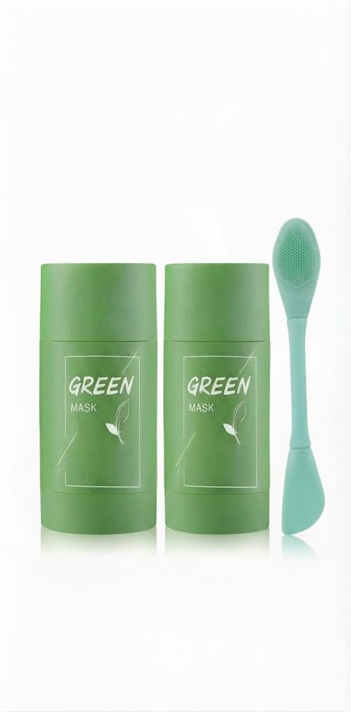 green tea face mask stick combo with dual-sided silicone applicator brush (pack of 2 mask sticks + 1 brush)