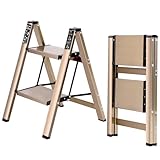 FEETE 3 Step Ladder, Folding Step Stool w/Wide Anti-Slip Pedal, 330 Lbs Capacity Sturdy Aluminum Ladder, Lightweight Safety Household Office Kitchen Stepladder for Adults (2-Step Champagne Gold)