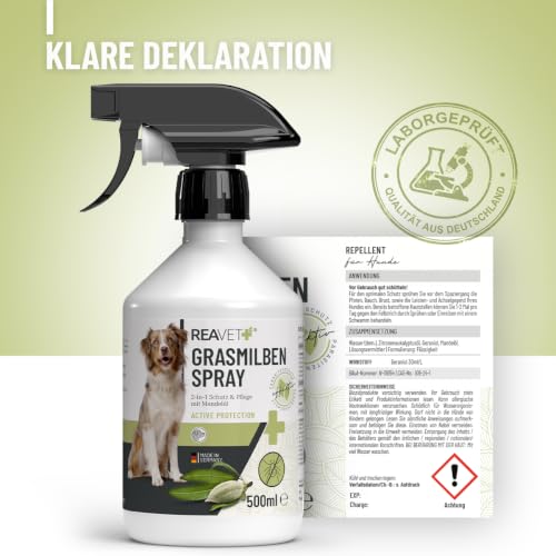 TESTURTEIL SEHR GUT 2026 ReaVET Grasmilben-Spray für Hunde 500ml – Sofortschutz gegen Grasmilben + Hautpflege mit Mandelöl I 2-in-1 Milbenspray – Milben-Abwehr & Pflege für gereizte juckende Haut