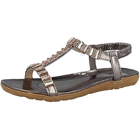 Shoes By Emma Ladies Metallic Pewter Open Toe T Bar Elastic Sling Back Flat Low Wedge Diamante Jewel Detail Sandals Size 3-8 (6 UK, Pewter/Jewel) Cover