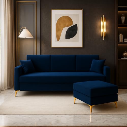 Image of SOCOZI Bravelle 4 Seater L Shape Sofa Set with Movable Ottoman | Flexible Left or Right Layout | Soft Velvet Suede Fabric | Modern Design | Plush Comfort Cushions for Living Room (Dark Blue)