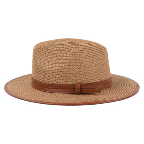 Generic Men's and Women's Wide Brim Beach Sun Hat Solid Color Straw Fedora Hat khaki9 56-58(Adult Size)