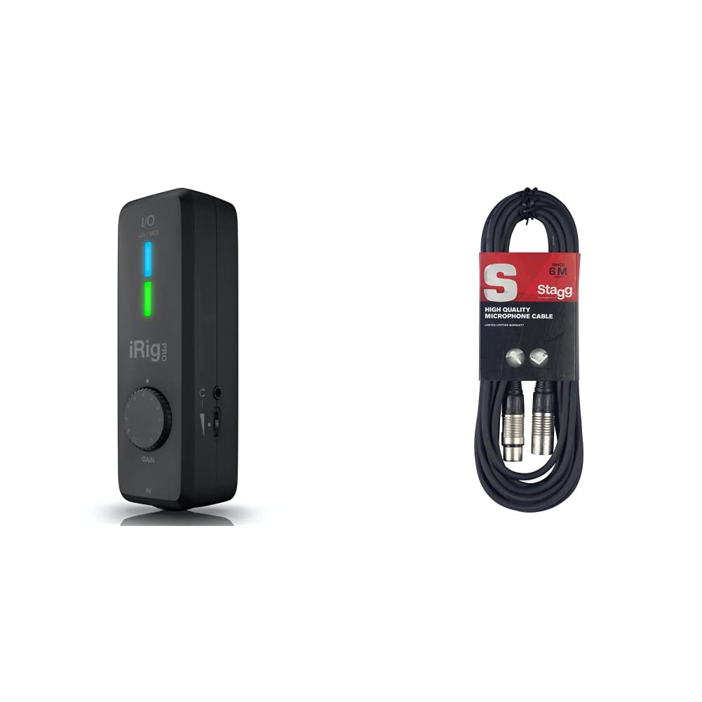 Ik Multimedia iRig PRO I/O interfaccia Midi, 24 Bit/96Khz, Qualità del Suono, Accessorio per Smartphone, Interfaccia Mobile per i Viaggi, Nero & Cavo da microfono a mixer Stagg SMC6