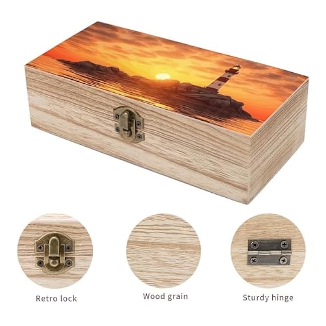 Sea Lighthouse in Sunset Print Wooden Storage Box With Hinged Lid Keepsakes Box Gift Jewelry Box For Storage Crafts Small Jewelry Photos